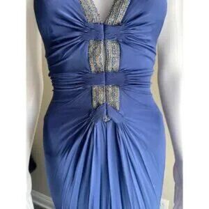 Vintage Roberto Cavalli Dress Rhinestone Sapphire Halter Top Deep Vneck Maxi